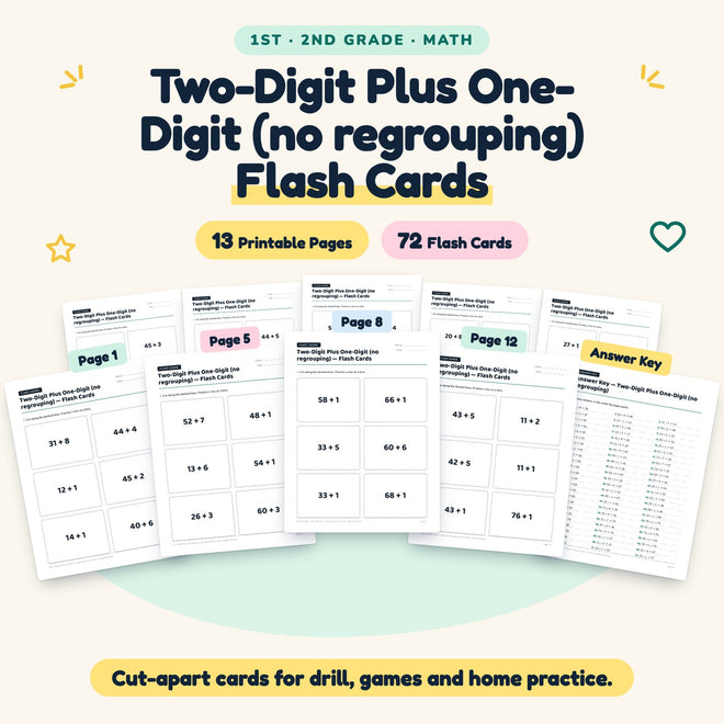 Two-Digit Plus One-Digit Flash Cards | 1st–2nd Grade Math — cover