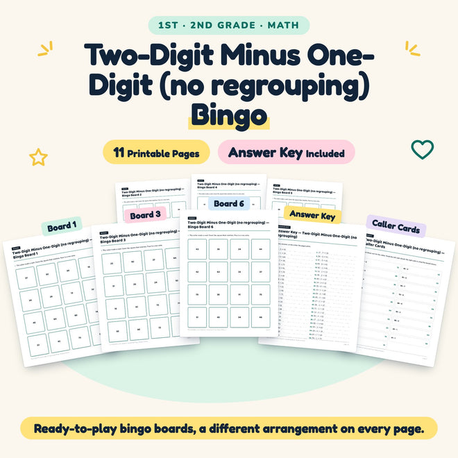 Two-Digit Minus One-Digit Bingo | 1st–2nd Grade (6 Pages) — cover