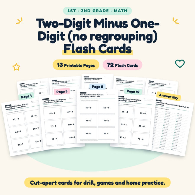 Two-Digit Minus One-Digit Flash Cards | 1st–2nd Grade Math — cover