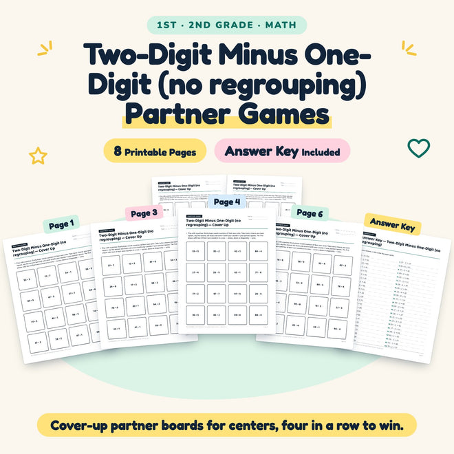 Two-Digit Minus One-Digit Partner Games | 1st–2nd Grade Math — cover