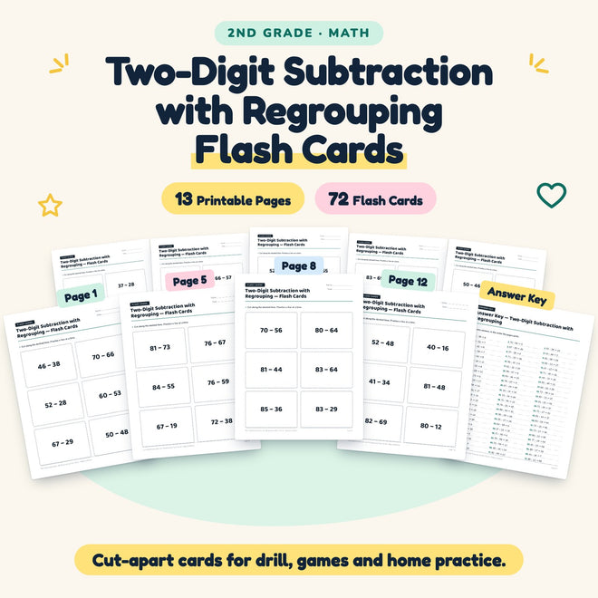 Two-Digit Subtraction with Regrouping Flash Cards | 2nd Grade — cover