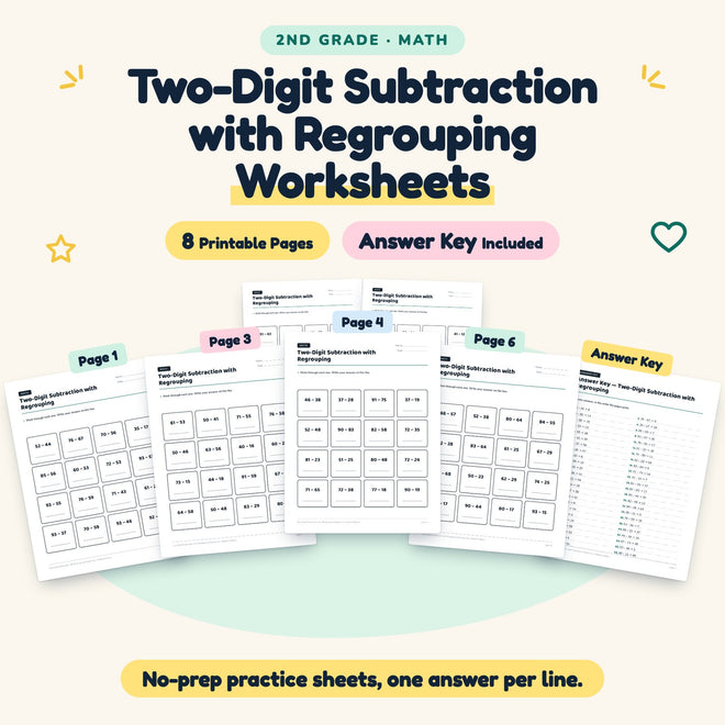 8 Two-Digit Subtraction with Regrouping Worksheets — cover
