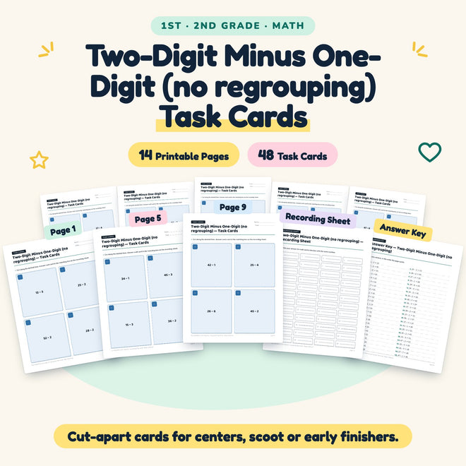 Two-Digit Minus One-Digit Task Cards | 1st–2nd Grade Math — cover
