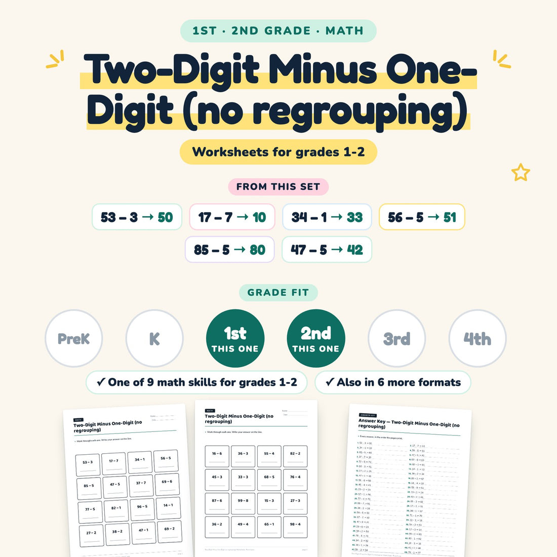 Two-Digit Minus One-Digit (no regrouping): skill and grade fit