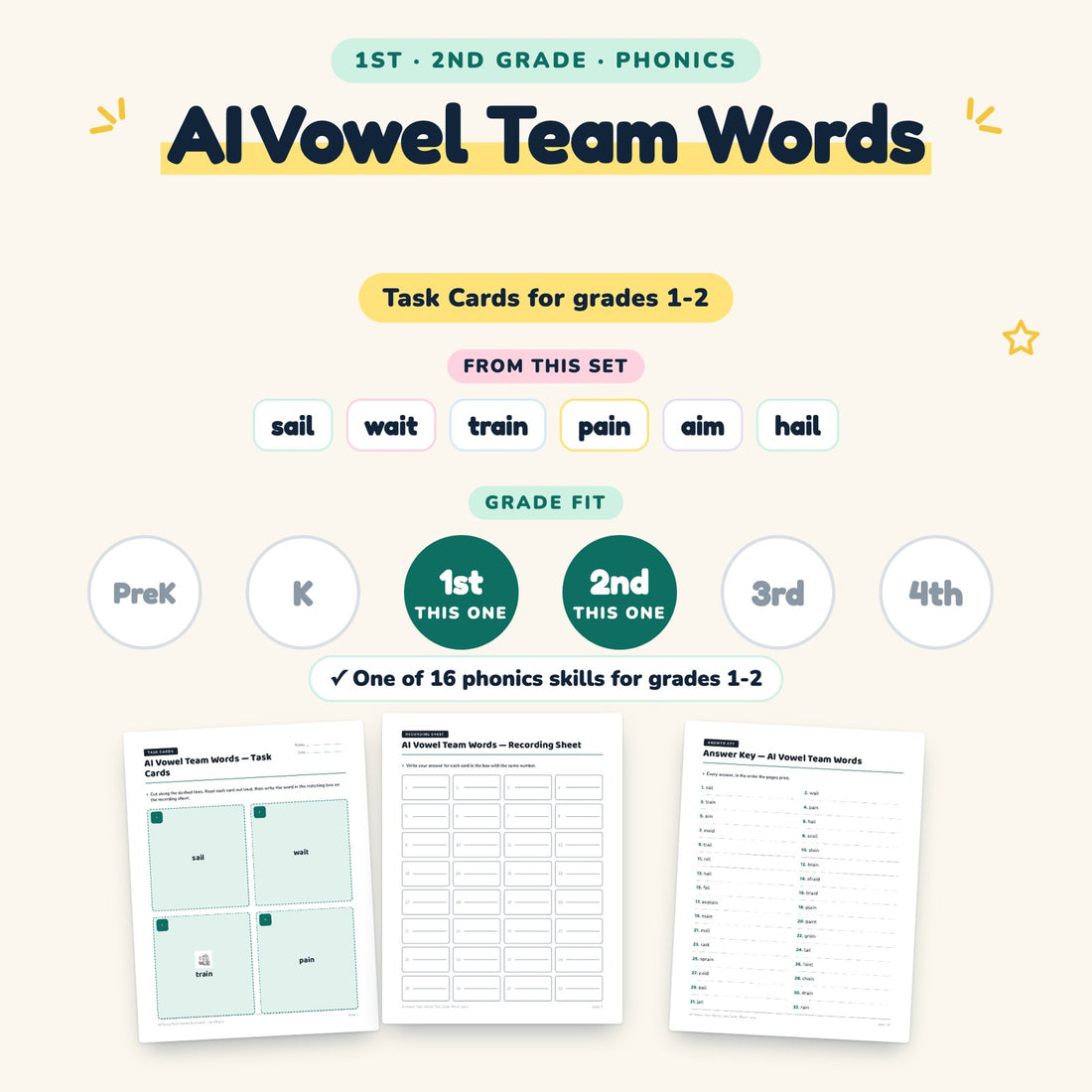 AI Vowel Team Words: skill and grade fit
