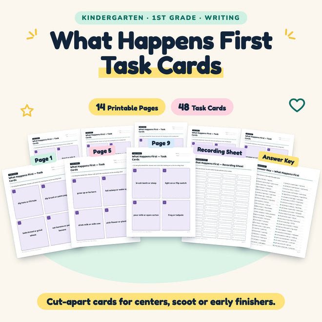 What Happens First Task Cards | K–1st Grade (28 Cards) — cover