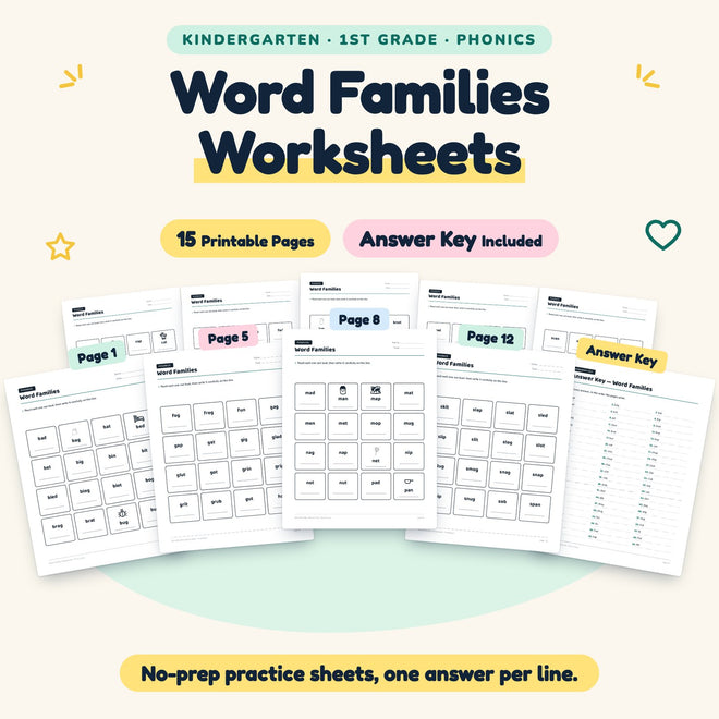 Word Families Worksheets | K–1st Grade Phonics (9 Pages) — cover