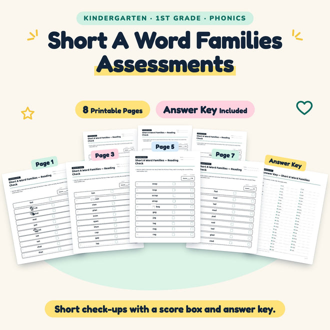 Short A Word Families Assessments | K–1st Grade (5 Pages) — cover