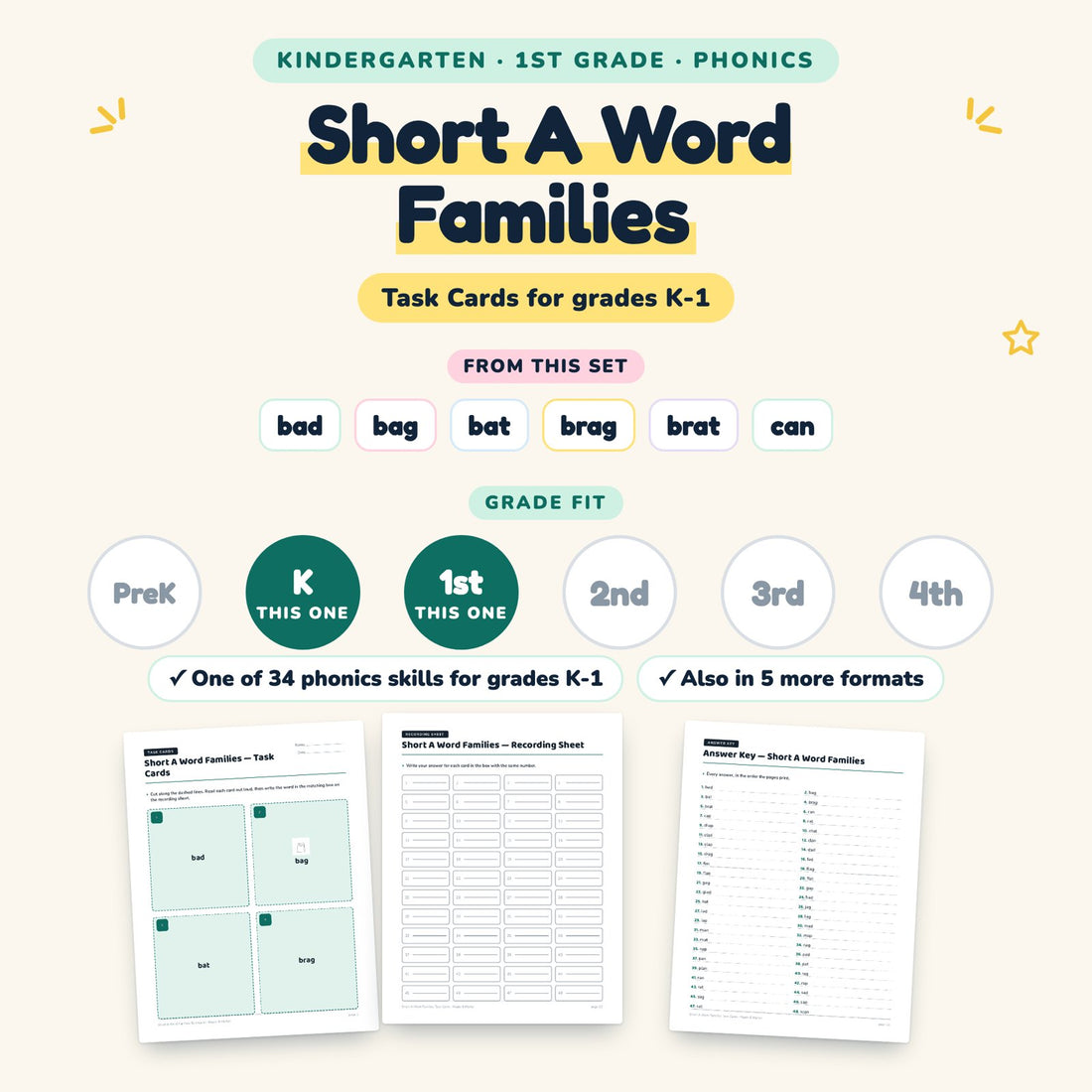 Short A Word Families: skill and grade fit