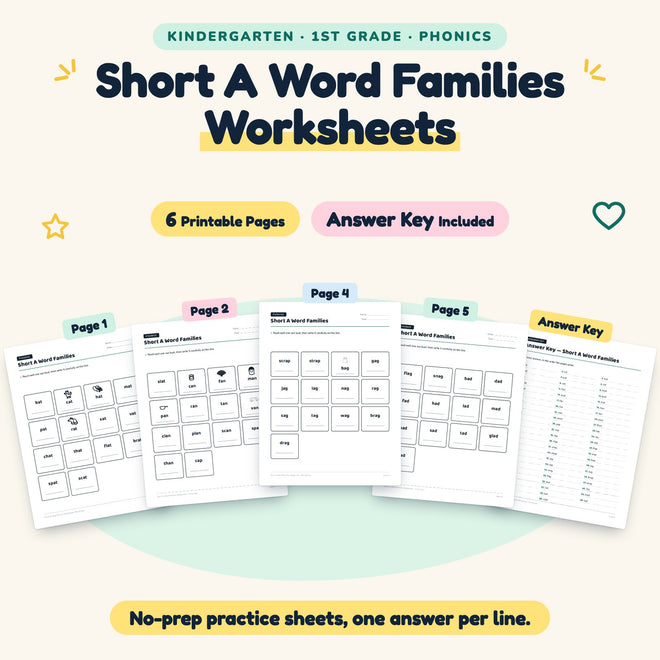 Short A Word Families Worksheets | K–1st Grade (3 Pages) — cover