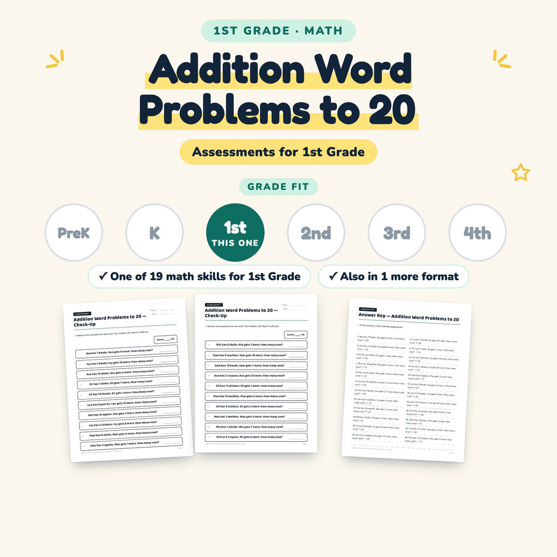 Addition Word Problems to 20: skill and grade fit