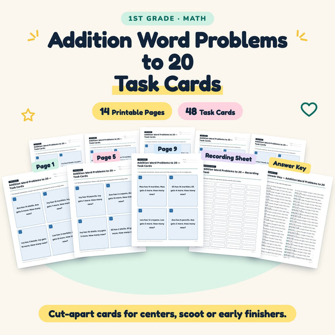 Addition Word Problems to 20 Task Cards | 1st Grade Math — cover