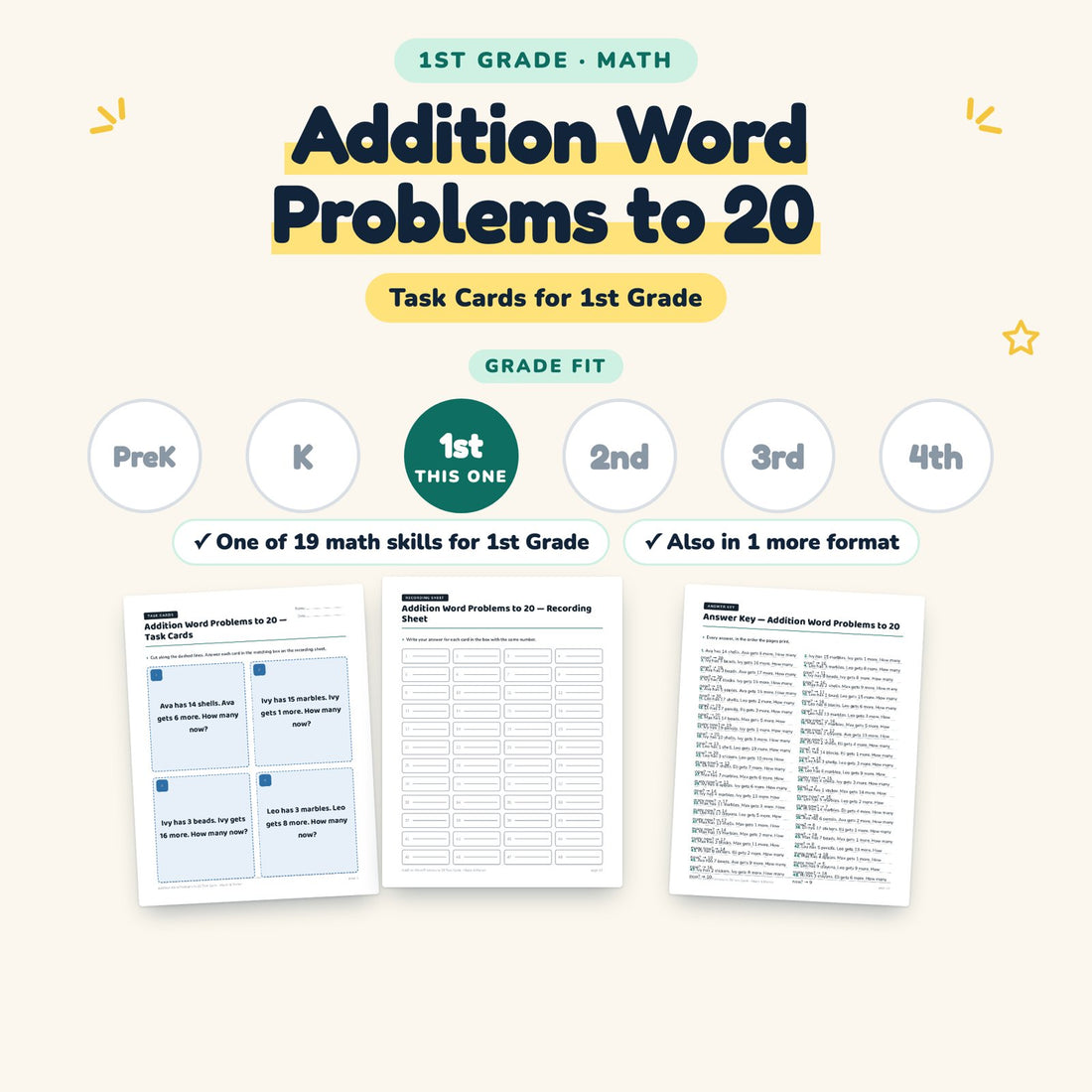 Addition Word Problems to 20: skill and grade fit