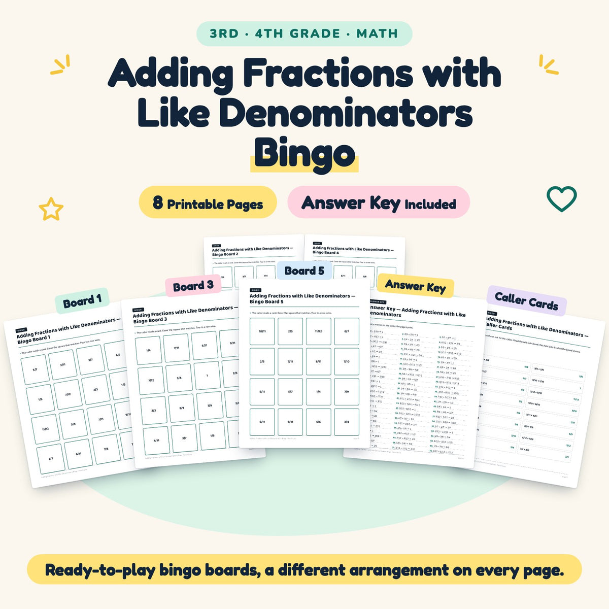 Adding Fractions with Like Denominators Bingo | 3rd–4th Grade — cover