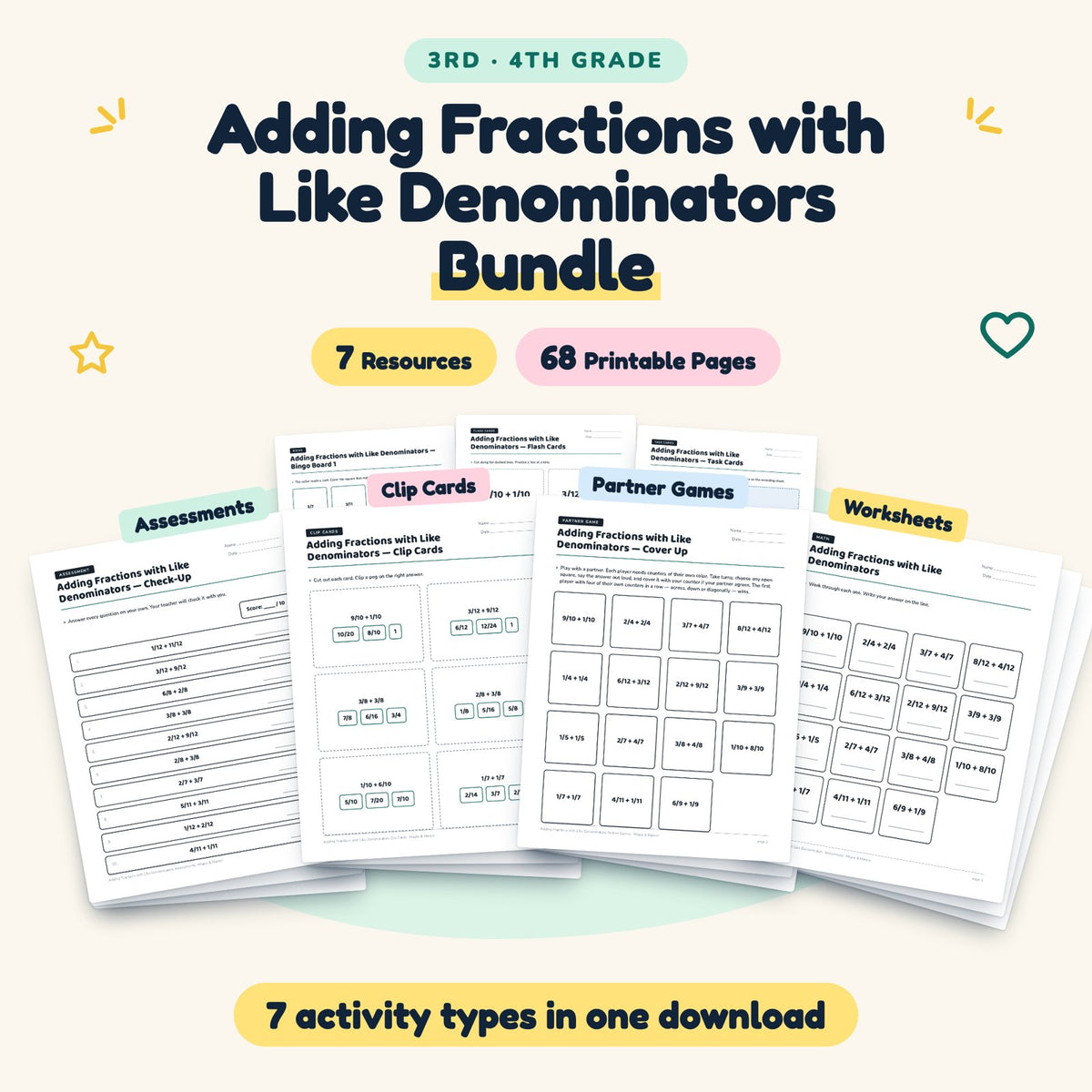 Adding Fractions with Like Denominators Bundle | 3rd–4th Grade — cover
