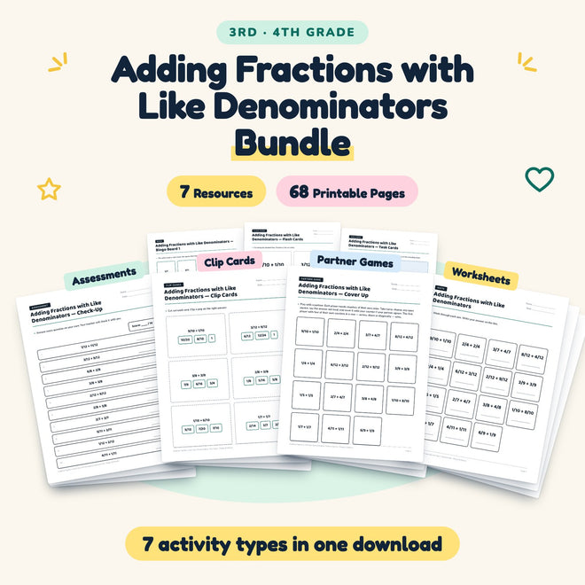 Adding Fractions with Like Denominators Bundle | 3rd–4th Grade — cover