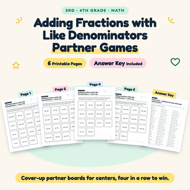 Adding Fractions with Like Denominators Partner Games | 3rd–4th Grade — cover