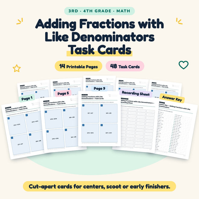 Adding Fractions with Like Denominators Task Cards | 3rd–4th Grade — cover
