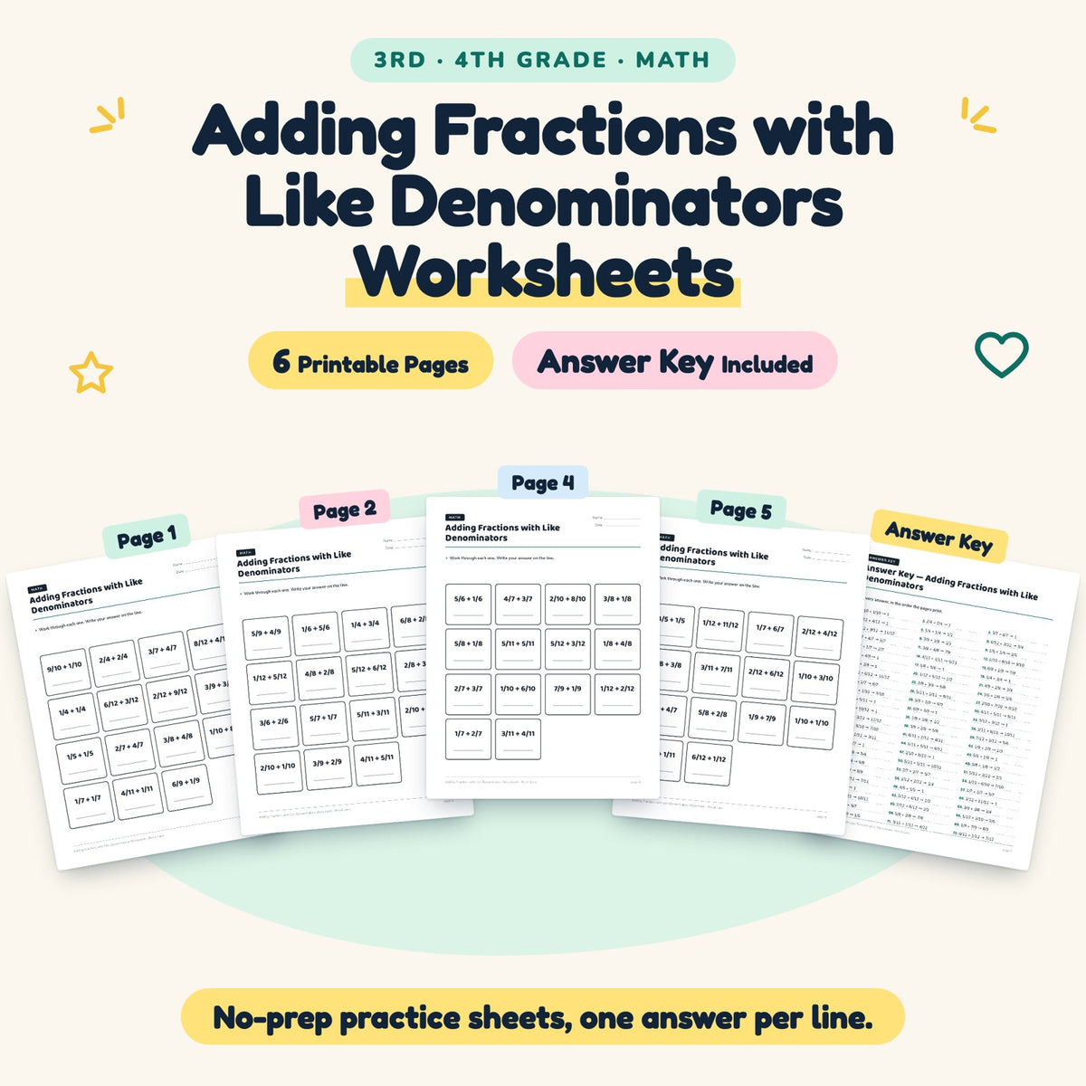 Adding Fractions with Like Denominators Worksheets | 3rd–4th Grade — cover