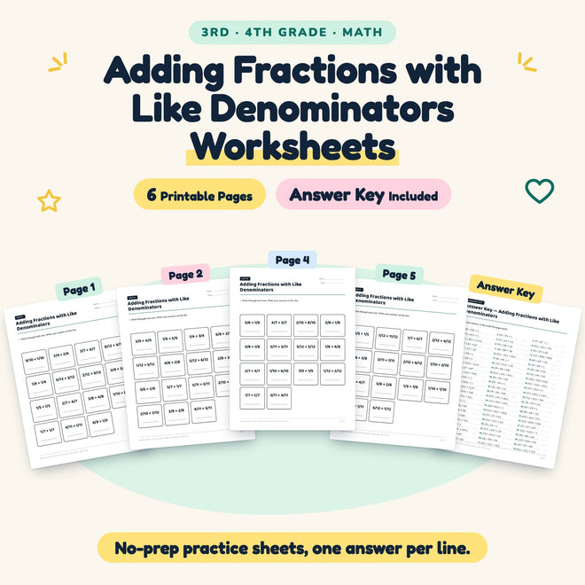 Adding Fractions with Like Denominators Worksheets | 3rd–4th Grade — cover