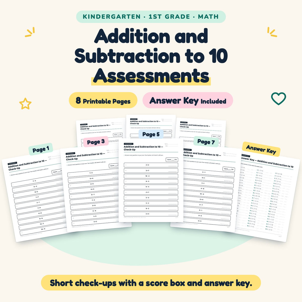 Addition and Subtraction to 10 Assessments | K–1st Grade — cover