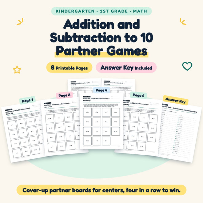 Addition and Subtraction to 10 Partner Games | K–1st Grade — cover