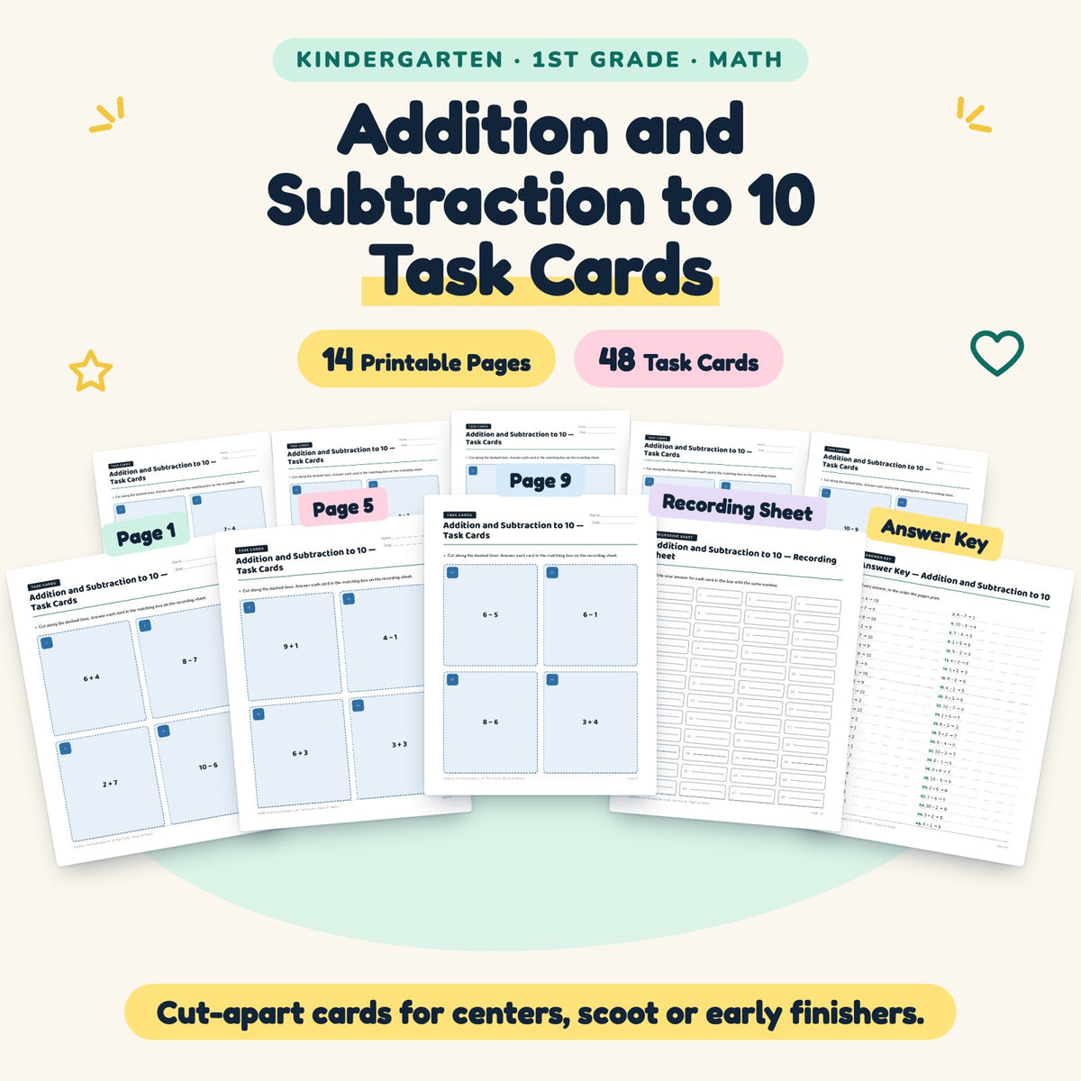 Addition and Subtraction to 10 Task Cards | K–1st Grade Math — cover