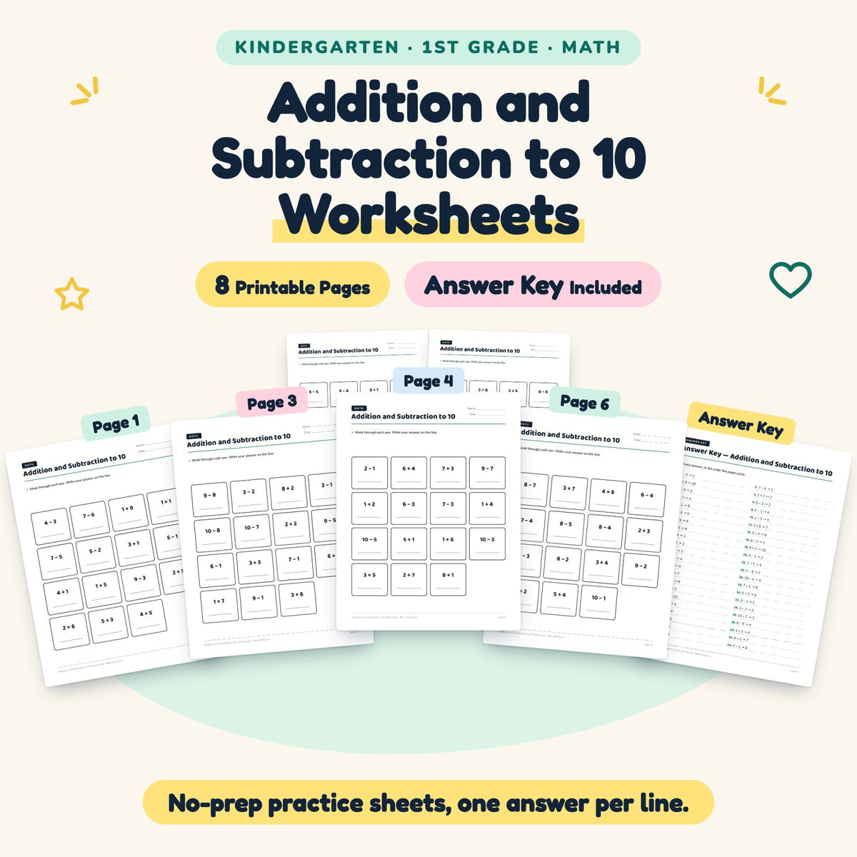 Addition and Subtraction to 10 Worksheets | K–1st Grade Math — cover