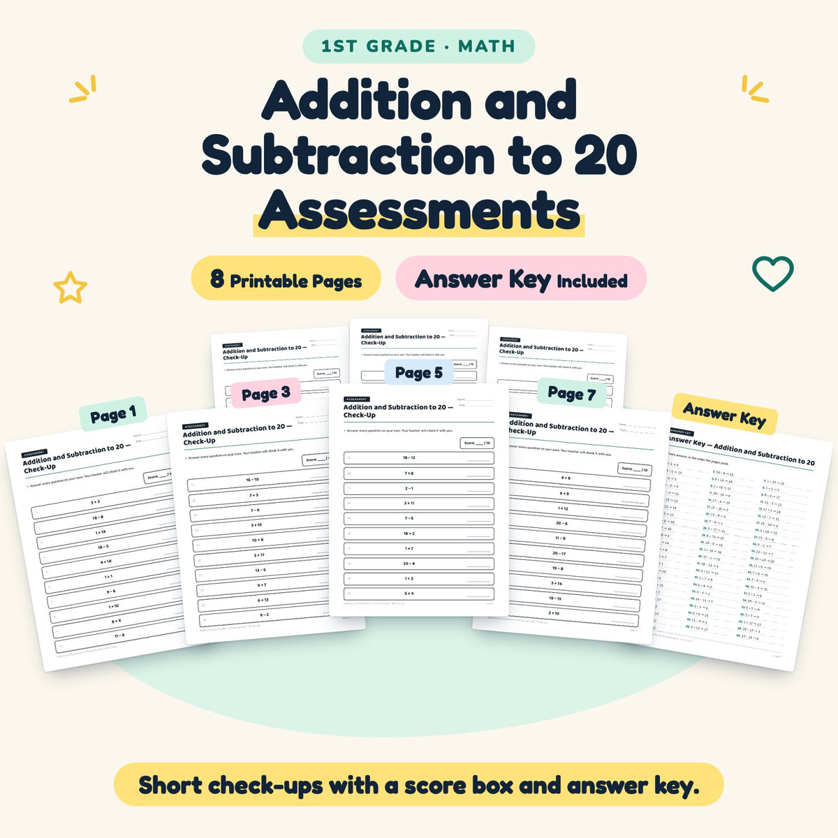 Addition and Subtraction to 20 Assessments | 1st Grade Math — cover