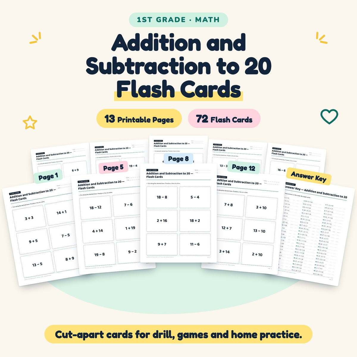 Addition and Subtraction to 20 Flash Cards | 1st Grade Math — cover