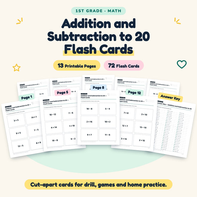 Addition and Subtraction to 20 Flash Cards | 1st Grade Math — cover