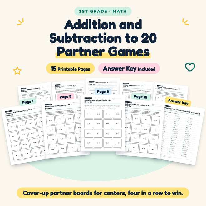 Addition and Subtraction to 20 Partner Games | 1st Grade — cover