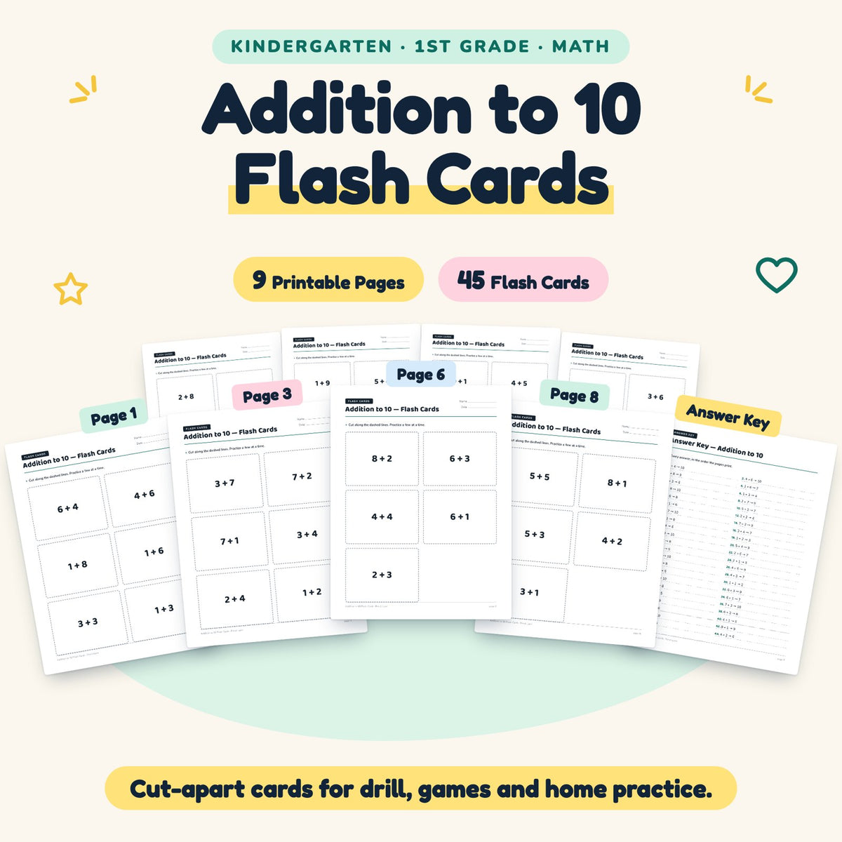 Addition to 10 Flash Cards | K–1st Grade Math (45 Cards) — cover