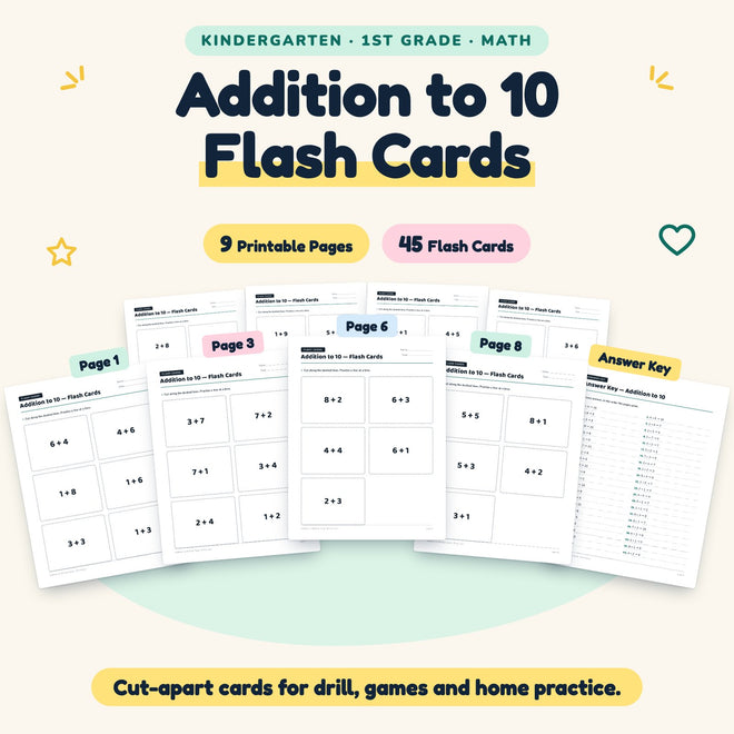 Addition to 10 Flash Cards | K–1st Grade Math (45 Cards) — cover
