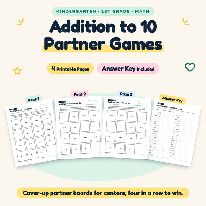 Addition to 10 Partner Games | K–1st Grade Math (4 Pages) — cover