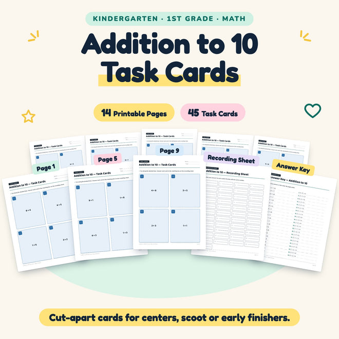 Addition to 10 Task Cards | K–1st Grade Math (45 Cards) — cover
