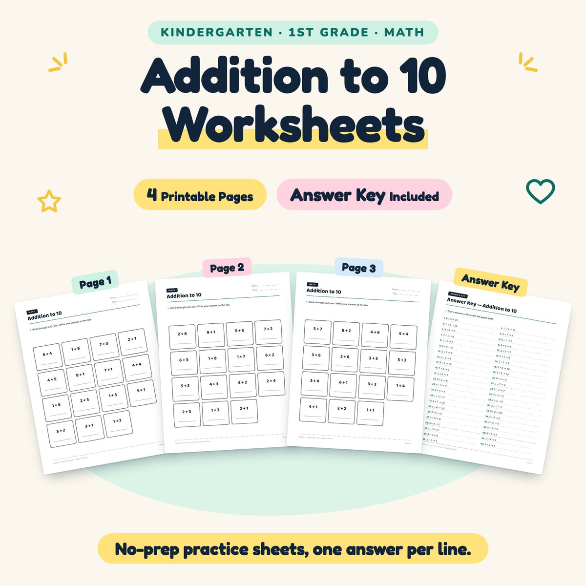 4 Addition to 10 Worksheets — cover