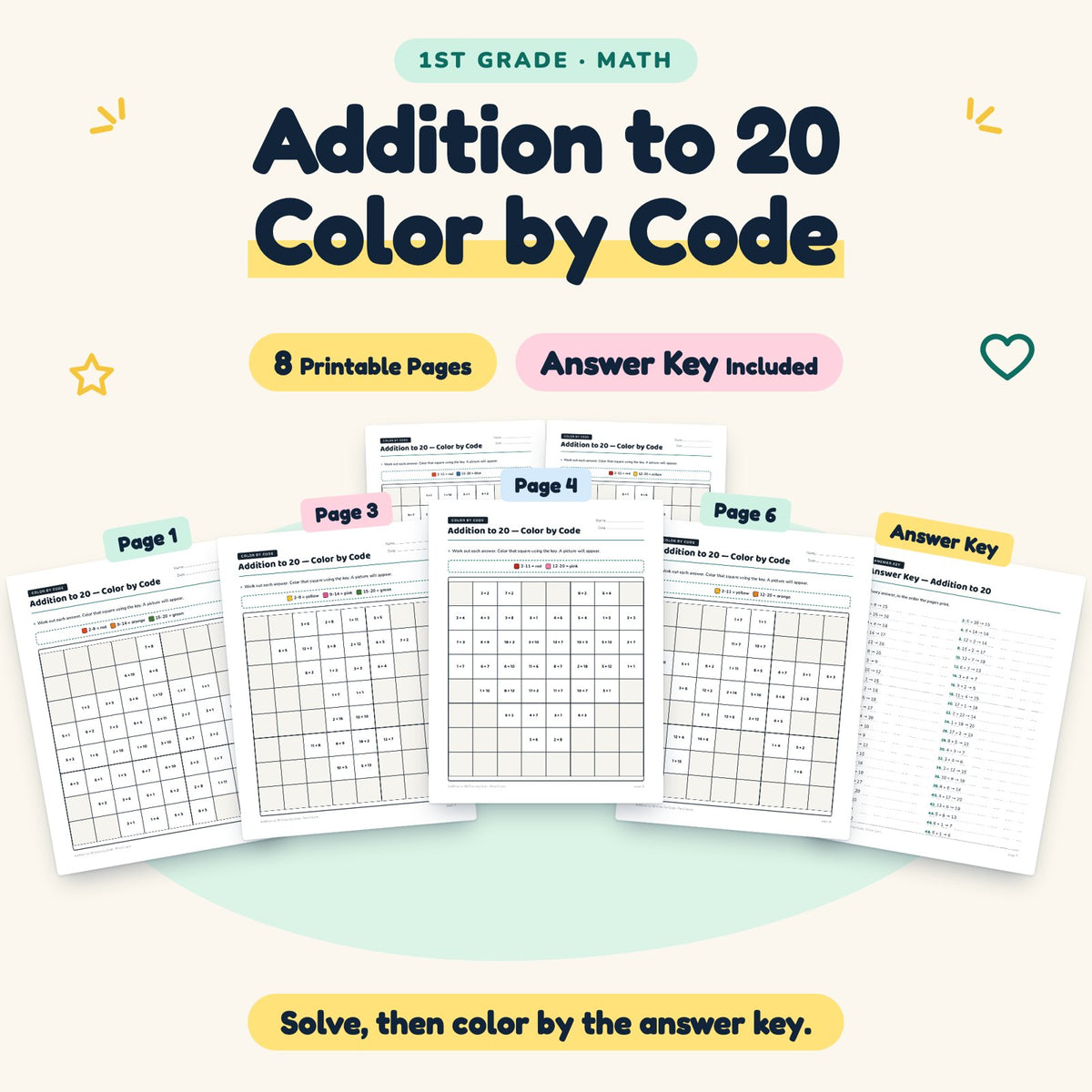 Addition to 20 Color by Code | 1st Grade Math (8 Pages) — cover