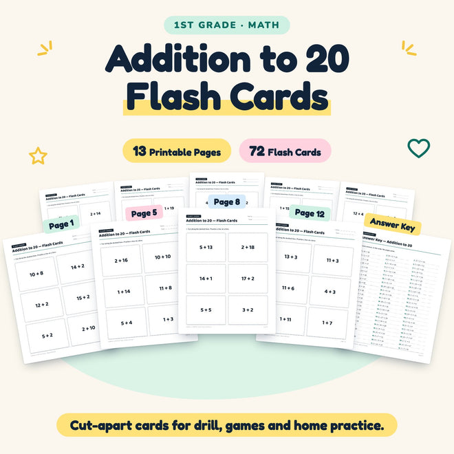 Addition to 20 Flash Cards | 1st Grade Math (72 Cards) — cover