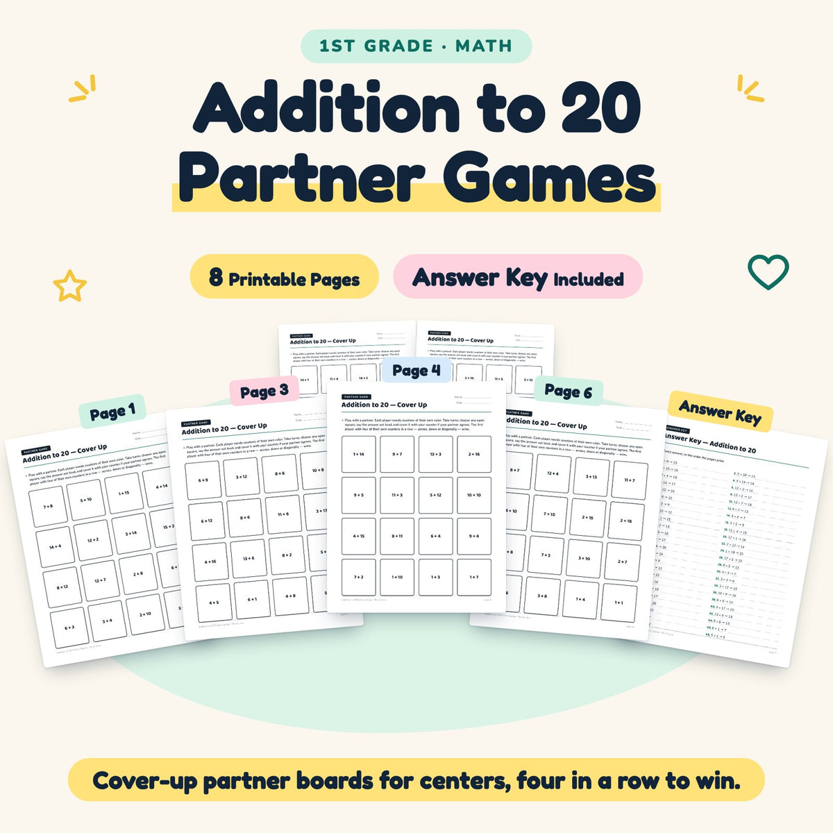 Addition to 20 Partner Games | 1st Grade Math (8 Pages) — cover