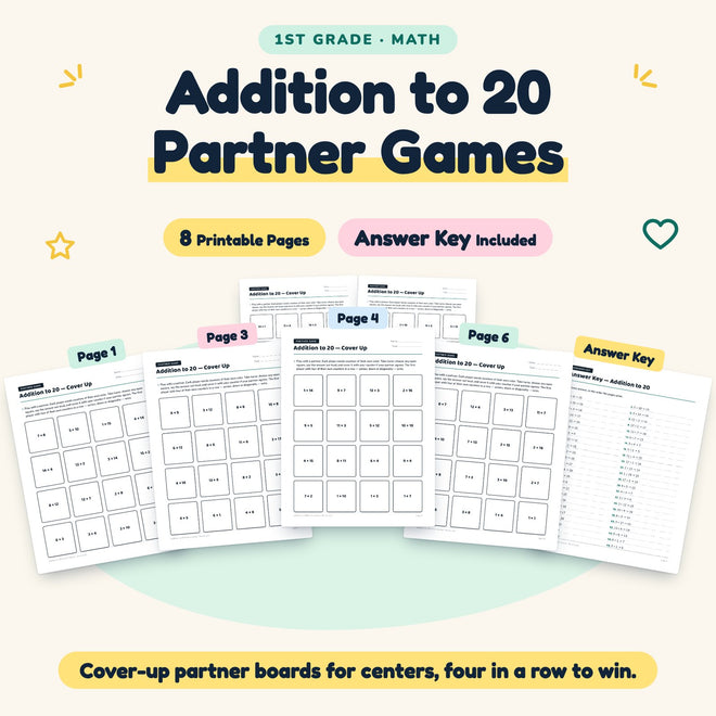 Addition to 20 Partner Games | 1st Grade Math (8 Pages) — cover