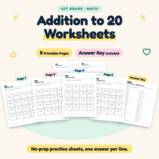 Addition to 20 Worksheets | 1st Grade Math (8 Pages) — cover