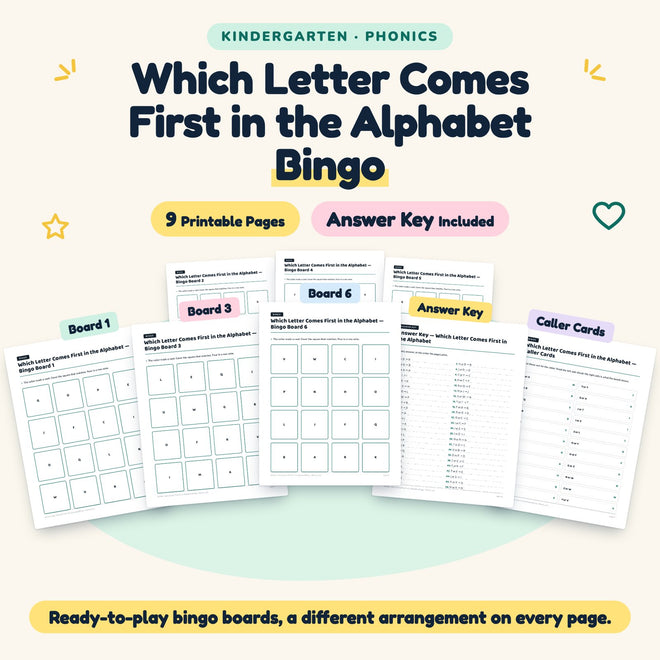 Which Letter Comes First in the Alphabet Bingo | Kindergarten — cover