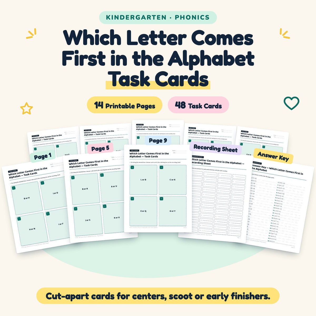 Which Letter Comes First in the Alphabet Task Cards | Kindergarten — cover