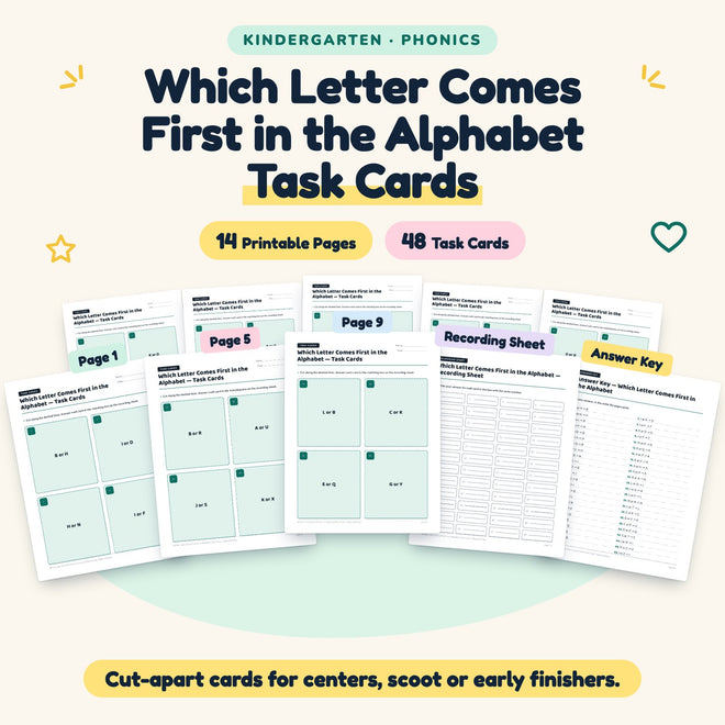 Which Letter Comes First in the Alphabet Task Cards | Kindergarten — cover