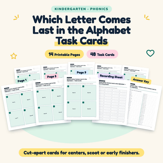 Which Letter Comes Last in the Alphabet Task Cards | Kindergarten — cover