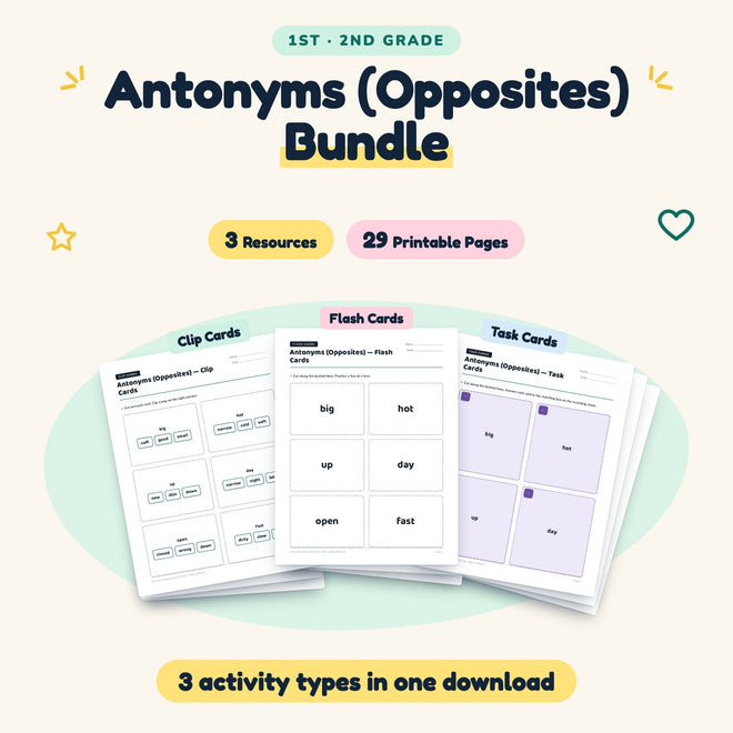 Antonyms Bundle | 1st–2nd Grade (3 Resources, 15 Pages) — cover
