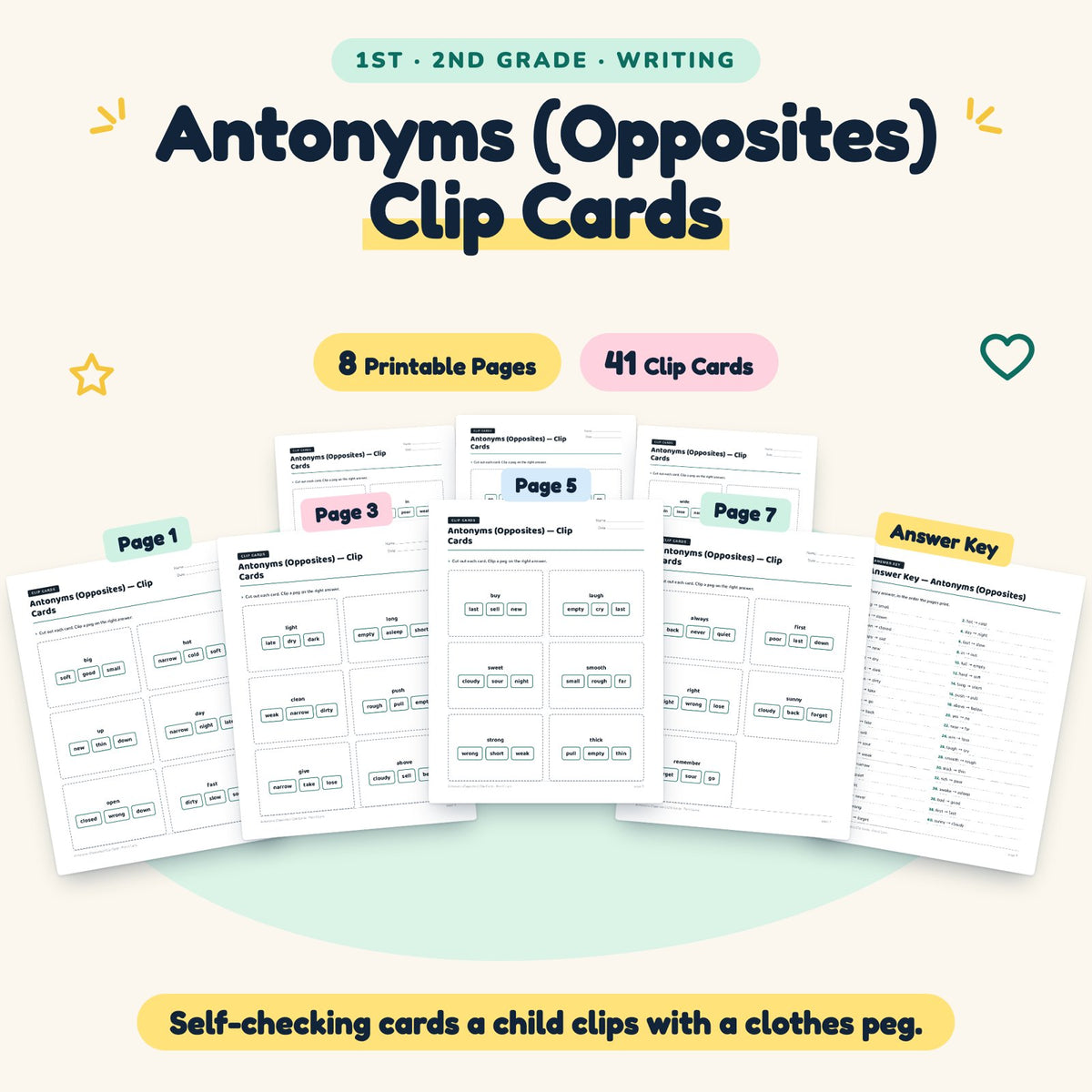 Antonyms (Opposites) Clip Cards | 1st–2nd Grade (18 Cards) — cover