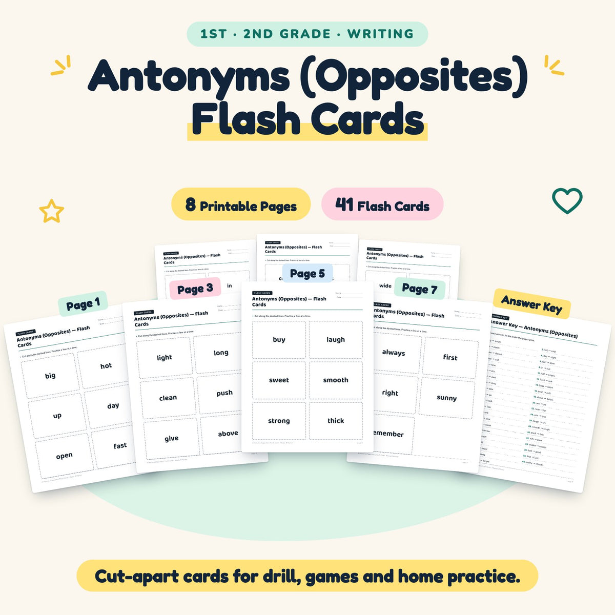 Antonyms (Opposites) Flash Cards | 1st–2nd Grade (18 Cards) — cover