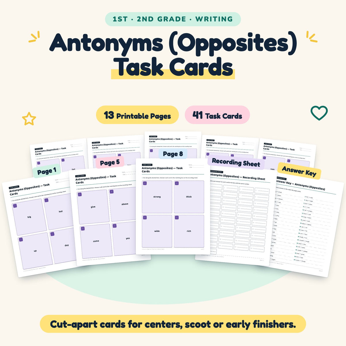 Antonyms (Opposites) Task Cards | 1st–2nd Grade (18 Cards) — cover